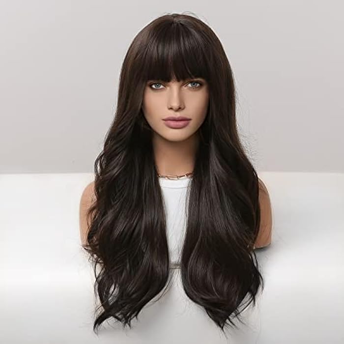 DILLARDS Haircube Dark Brown Wigs For Women,Long Curly Hair Wig With Neat Bangs - Image 3